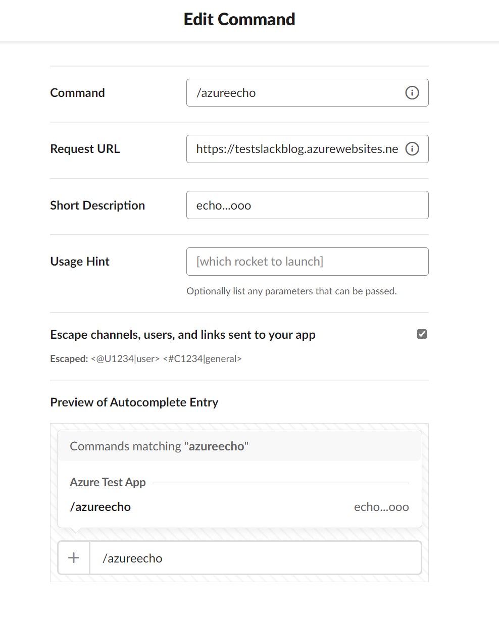 A screenshot showing the slack command setup