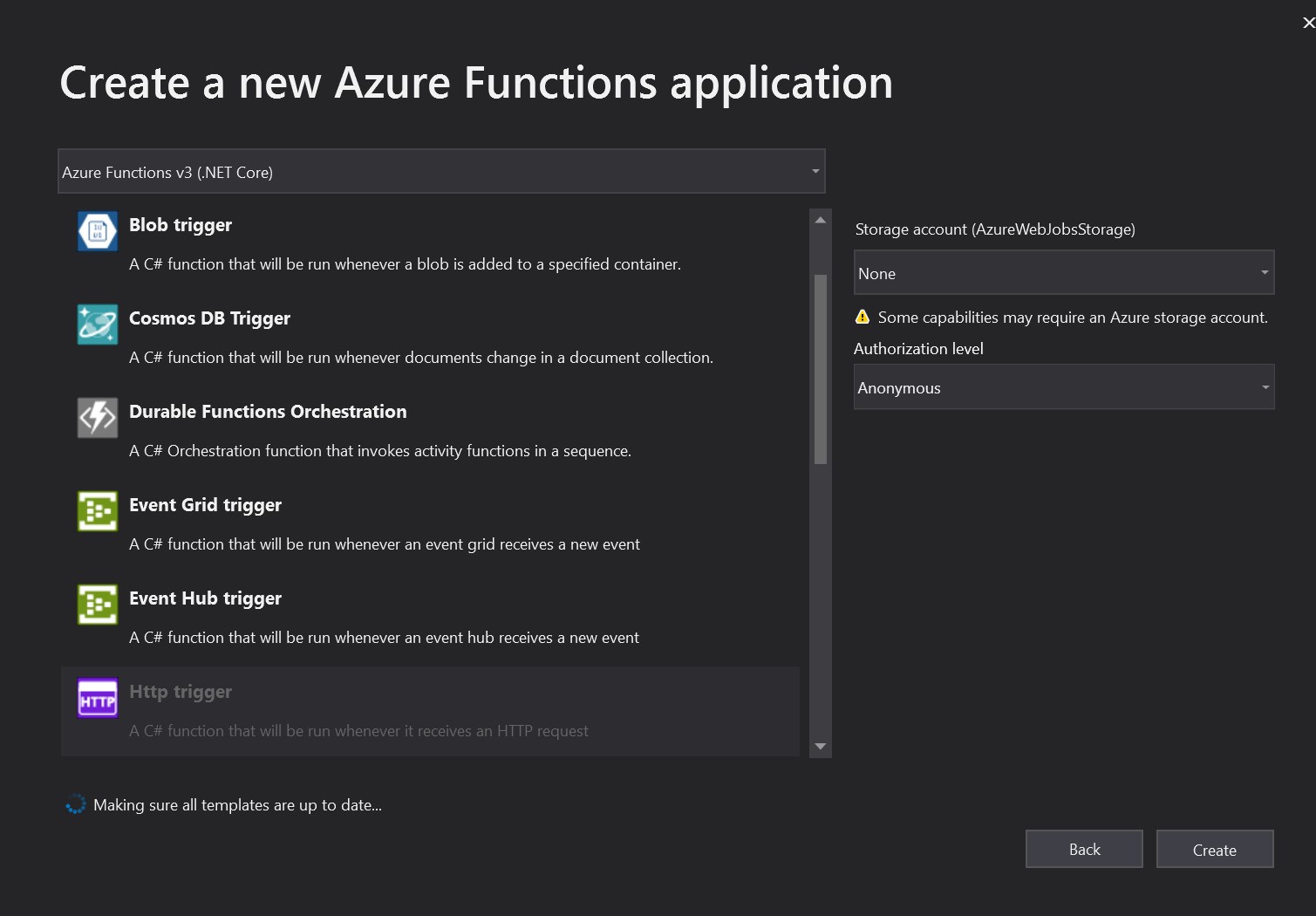 A screenshot showing the options I selected for my new Azure Function project