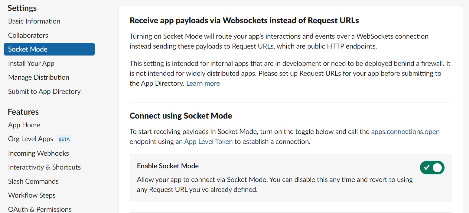 A screenshot showing theslack app socket mode toggle